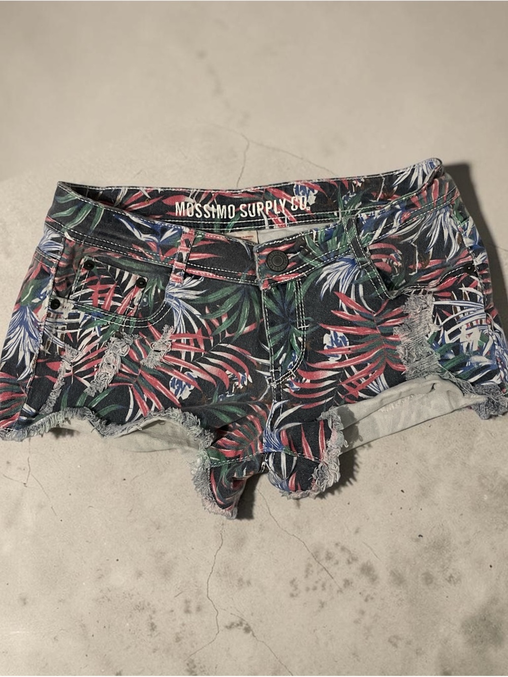 Mossimo Supply Co. Tropical Leaf Frayed Denim Shorts - Navy, Green, Red